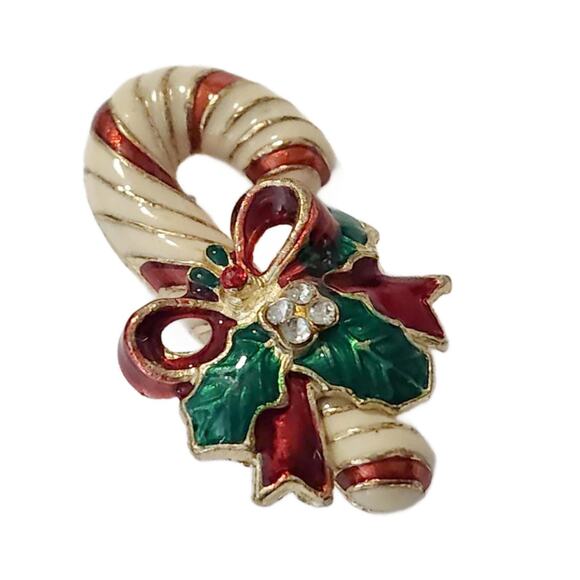 Vintage Enamel and Crystal Christmas Candy Cane Brooch Pin, 1.5" Tall - Picture 2 of 10